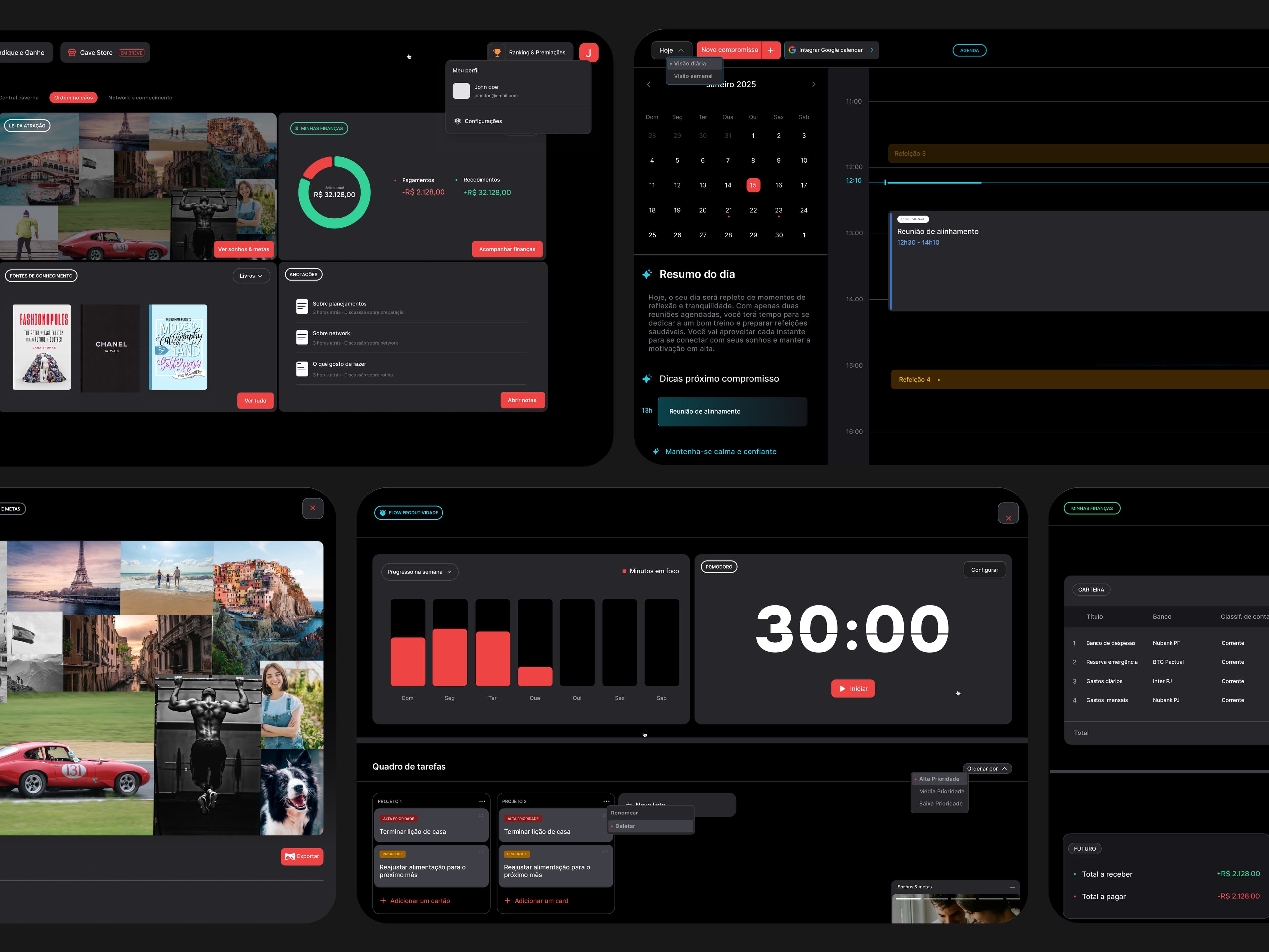 Focus timer, weekly progress and task board